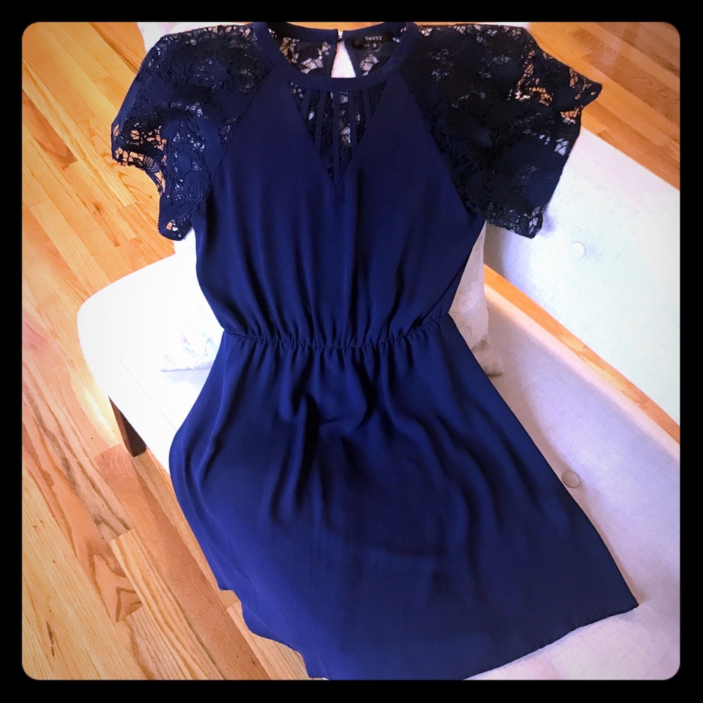 Blue lace sleeve dress, fit and flare Sz S